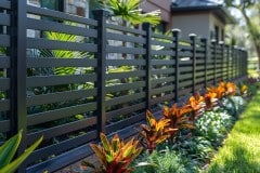 Dragon Ball Metal zeitgenoessisches Metallzaun Design in schwarz mit horizontalen Lamellen umgeben von exotischen Gartenpflanzen fuer einen modernen Hausvorgarten