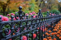 Dragon Ball Metal zauberhaftes schmiedeeisernes Zaunsystem mit zierlichen Blumenmustern in einem herbstlichen Garten mit bluehenden Dahlien