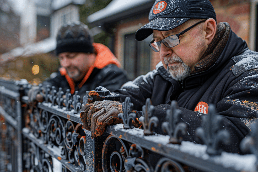 Zwei Arbeiter in Winterkleidung und mit DB-Handschuhen bei der Reparatur eines schmiedeeisernen Zauns, mit Schneeflocken, die um sie herum fallen.