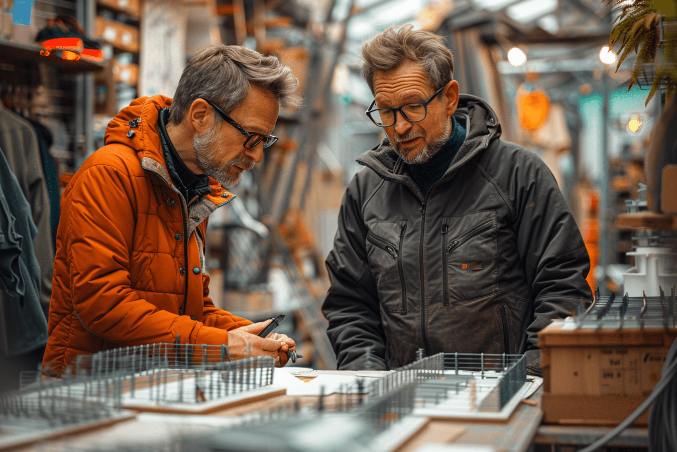 Zwei Männer mittleren Alters im Gespräch, einer in einer orangefarbenen Jacke und der andere in einer grauen Jacke, beide mit Brillen, schauen auf ein Mobiltelefon, neben ihnen Metallgitter auf einem Arbeitstisch in einem Baumarkt.