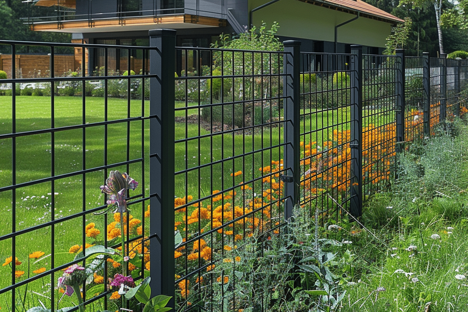 Moderne Doppelstabmattenzaun von DBmetal, umgeben von blühenden Wildblumen und strahlend orangen Ringelblumen, bildet einen attraktiven Kontrast zum grünen Rasen und der zeitgenössischen Architektur im Hintergrund.