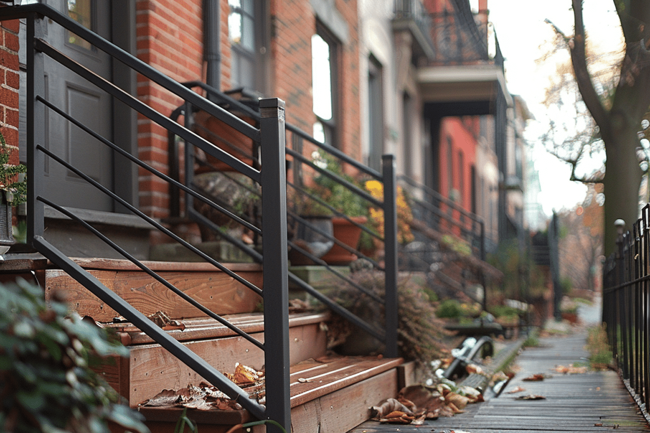 Funktionales Metallgeländer von DBmetal an einer Außentreppe im urbanen Kontext, Herbstlaub auf den Stufen.