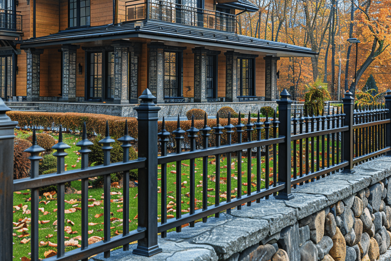 Ein beeindruckendes traditionelles Haus mit Holzfassade und Steinelementen, eingefasst von einem robusten Schmiedeeisenzaun von DBmetal, der Eleganz und Sicherheit bietet.