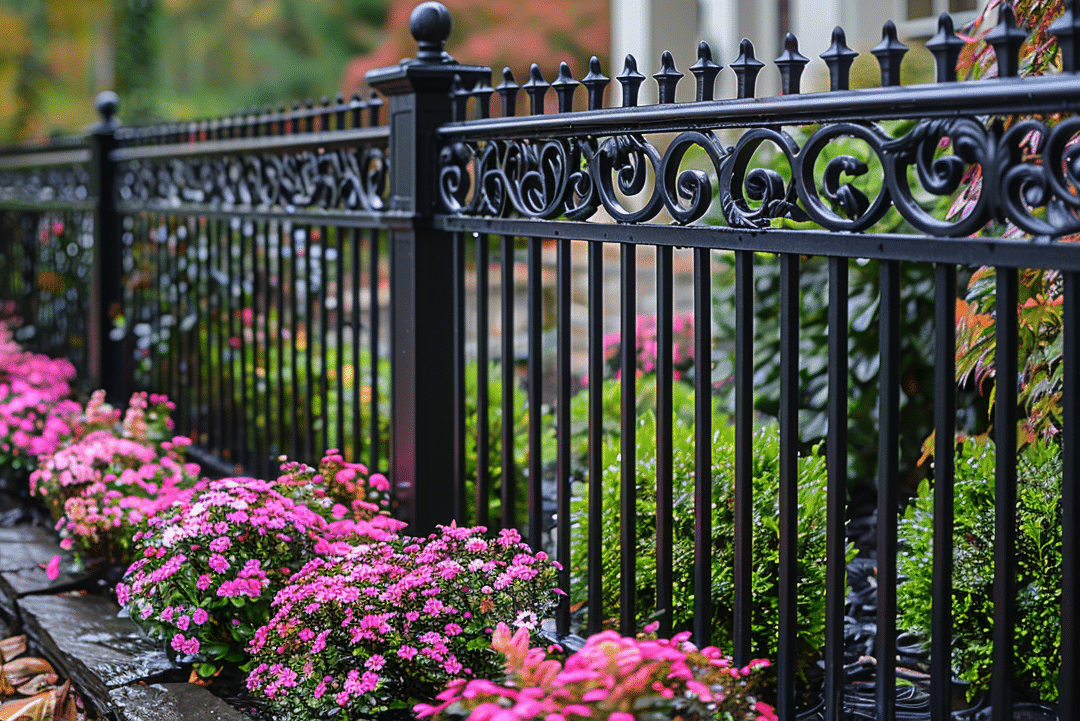 Ein filigraner Schmiedeeisenzaun von DBmetal, verziert mit eleganten Ornamenten, umgeben von einem Blumenbeet voller rosa Blüten, bietet einen Hauch von Eleganz und Tradition für jedes Anwesen.