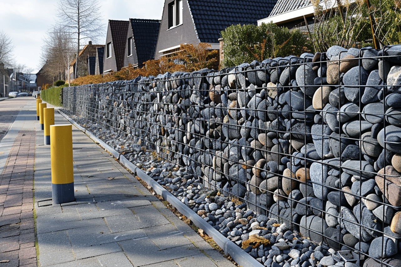 Ein hochwertiges Foto eines schwarzen Stahl-Zauns, gefüllt mit runden Steinen, als Teil des DBmetal Zaunsortiments, entlang einer ruhigen Straße in einem Wohngebiet.