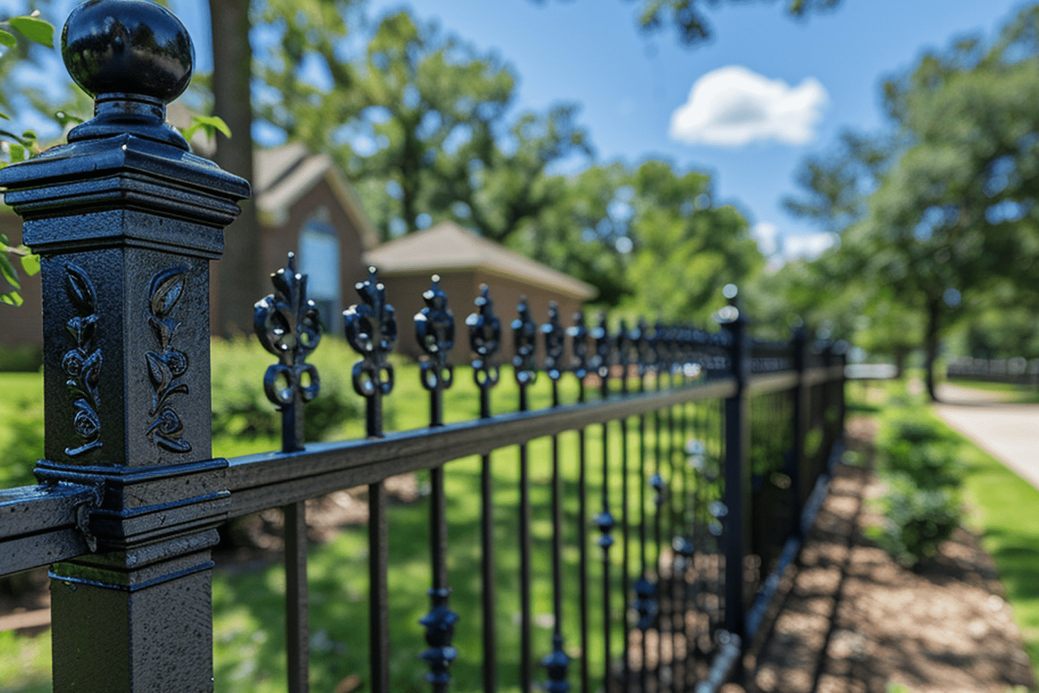 Artystycznie zaprojektowane ogrodzenie dekoracyjne od DBmetal z ozdobnymi kolcami i czarnymi metalowymi kolumnami, otoczone idyllicznym krajobrazem i bujną zielenią w tle.