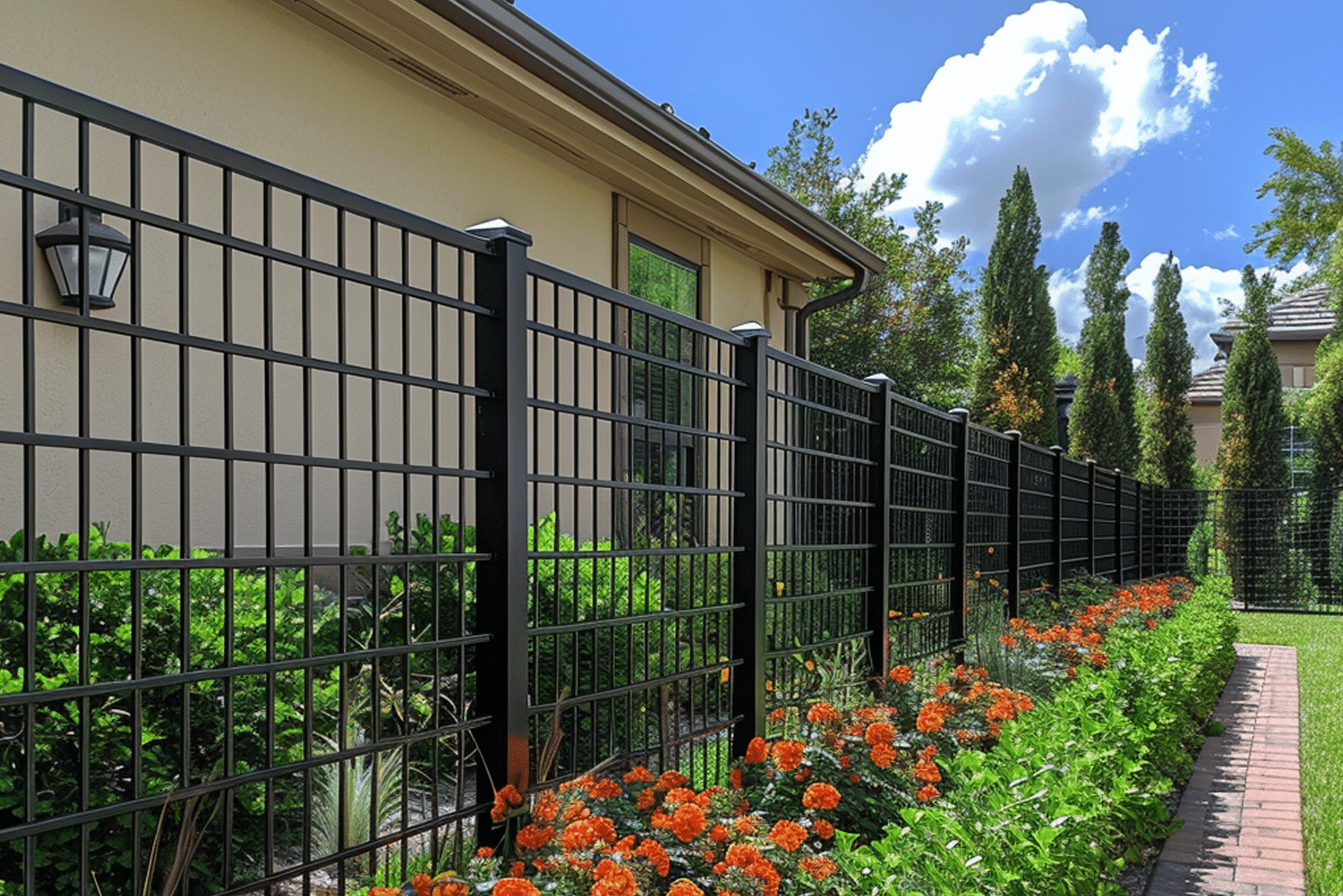 Ein stabiler Metallzaun von Dragon Ball Metal, der entlang eines bezaubernden Gartenwegs platziert ist, mit blühenden Blumen, die der Komposition Farbe und Leben verleihen. Hinter dem Zaun ist ein elegantes, helles Gebäude zu sehen, während im Hintergrund ein Himmel mit einzelnen, flauschigen Wolken die Schönheit und Harmonie der Umgebung unterstreicht.