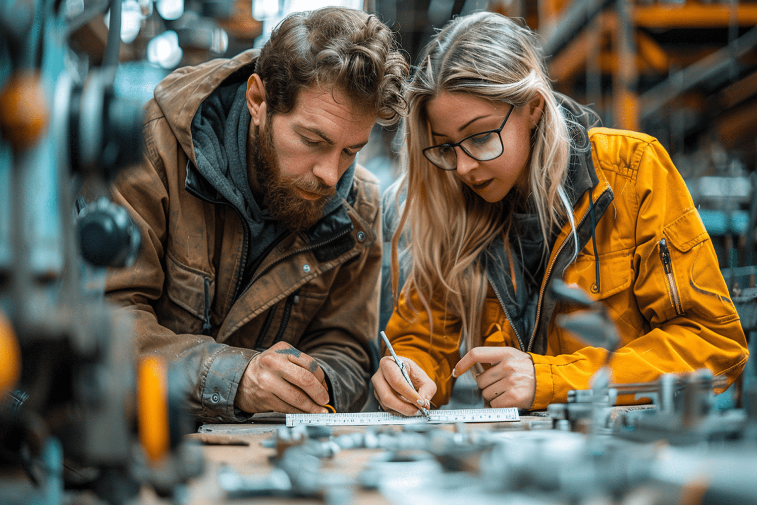 Ein Mann und eine Frau in Arbeitskleidung besprechen Pläne auf einem Arbeitstisch in einer Werkstatt, umgeben von Werkzeugen und Maschinenteilen.